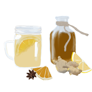 Mushroom Kombucha in glass jar and mug. image not a photo